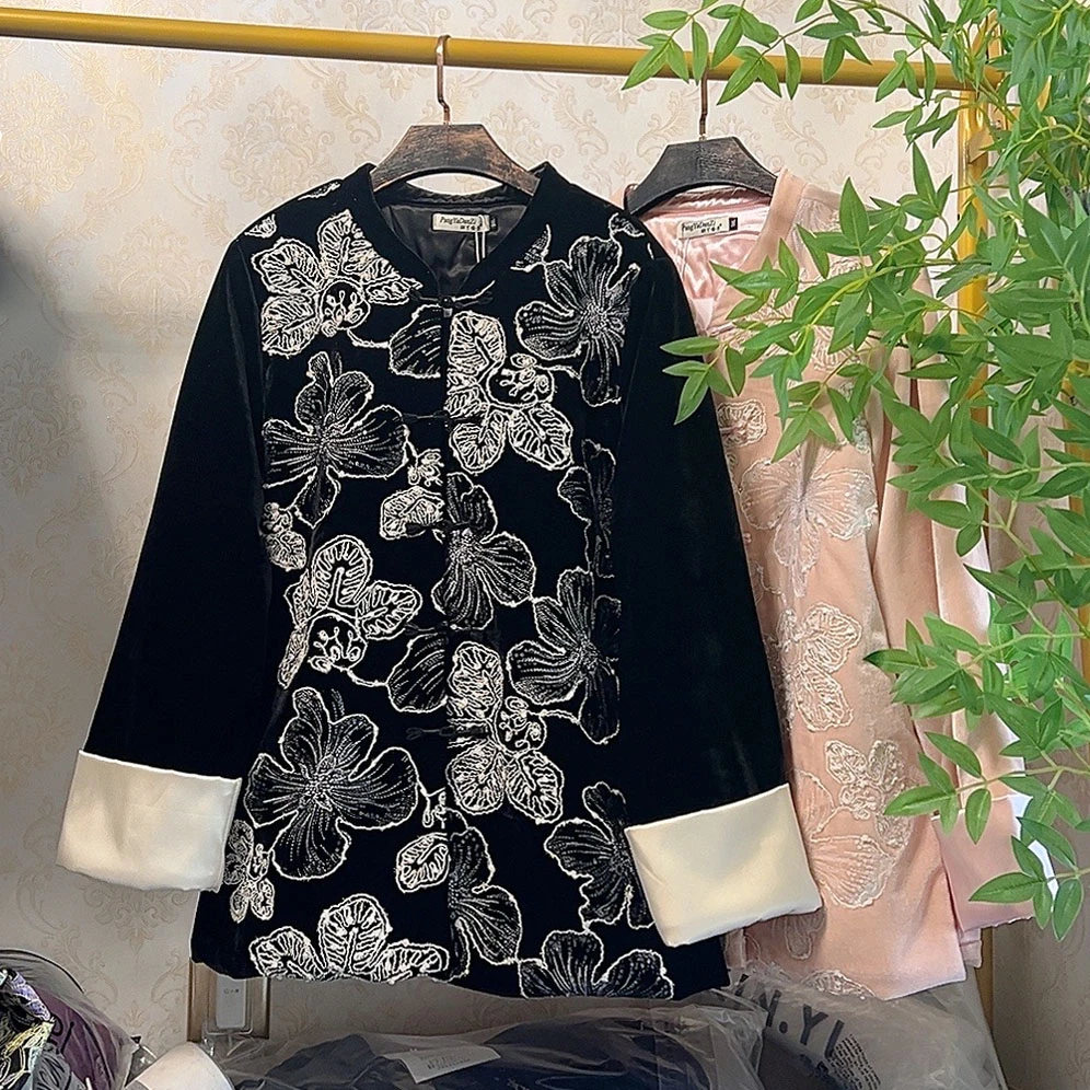 YY（加棉）新中式大码国风重工时尚棉服加长冬季夹棉外套8916