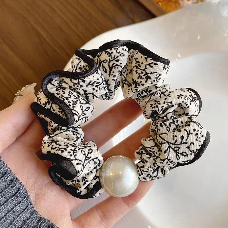 黑白碎花简约气质珍珠小肠发绳发圈弹力扎头发马尾头绳气质皮筋