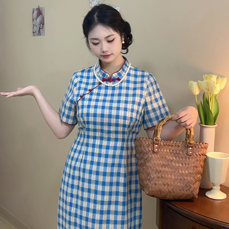 一见欢【自制款】新中式日常少女气质复古蓝色格子旗袍裙大码胖mm