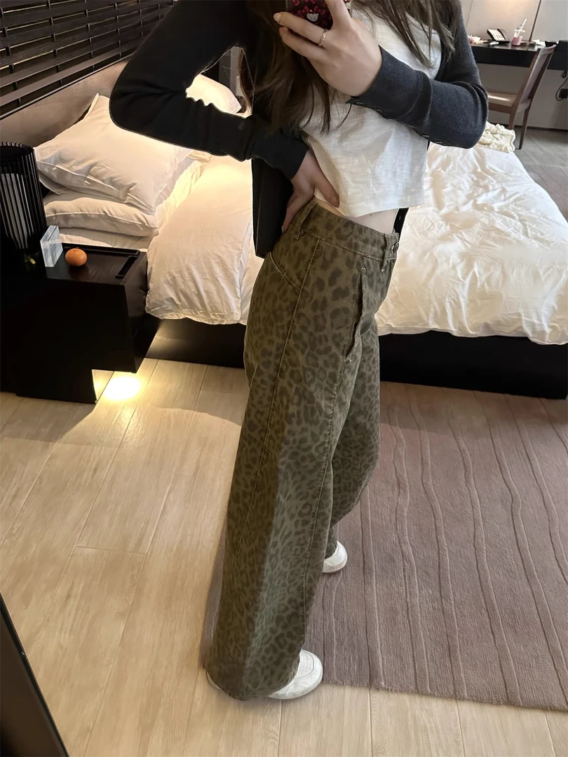 豹纹阔腿裤牛仔裤女春夏季新款高腰垂感宽松直筒裤8313