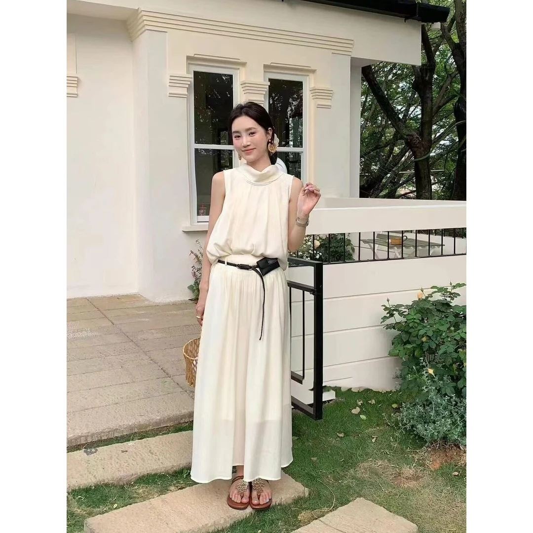 猫姐推荐｜气质挂脖褶皱收腰无袖背心上衣+高腰半身裙+腰包套装女