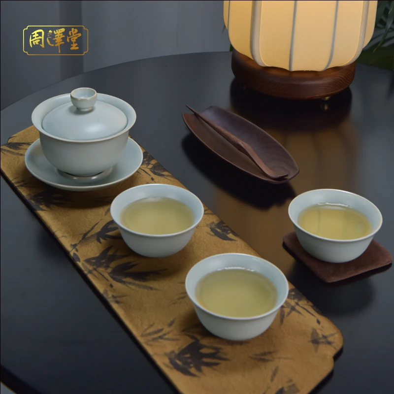 周泽堂汝窑三才盖碗套装家用泡茶碗景德镇功夫茶具陶瓷 司晨茶组