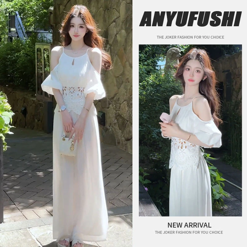 2025夏季新款一整套法式优雅气质刺绣露肩上衣高腰阔腿裤两件套装