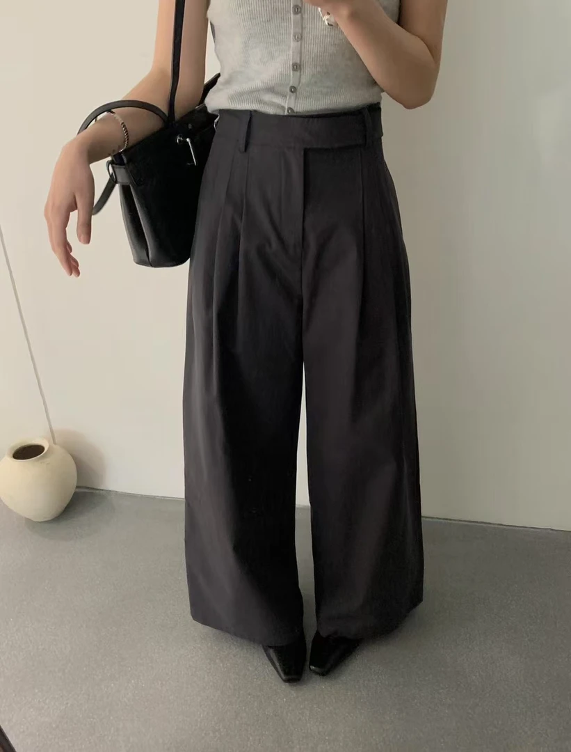 07671 m码裤长101 简约时尚春秋休闲纯色显瘦阔腿裤