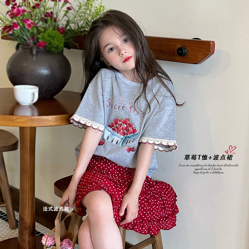 mini旦童装女童短袖T恤夏装新款儿童洋气花边上衣百搭短裙裤套装