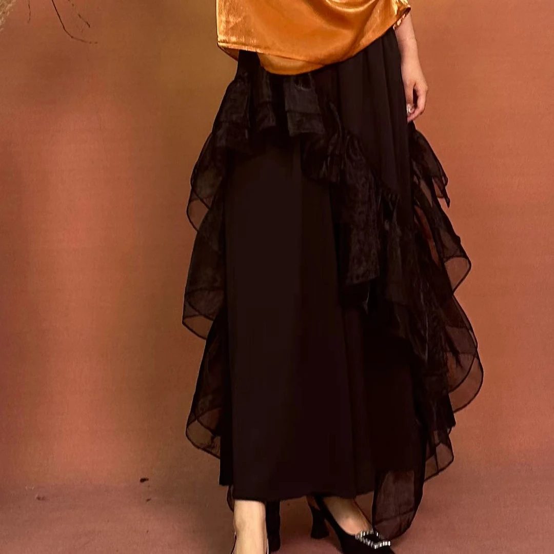 【大海轻奢】K1556新款黑色拼纱时尚百搭设计师款时尚阔腿裤