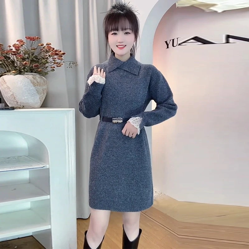 时尚针织连衣裙女2025秋冬新款洋气显瘦中长款收腰打底毛衣裙子潮