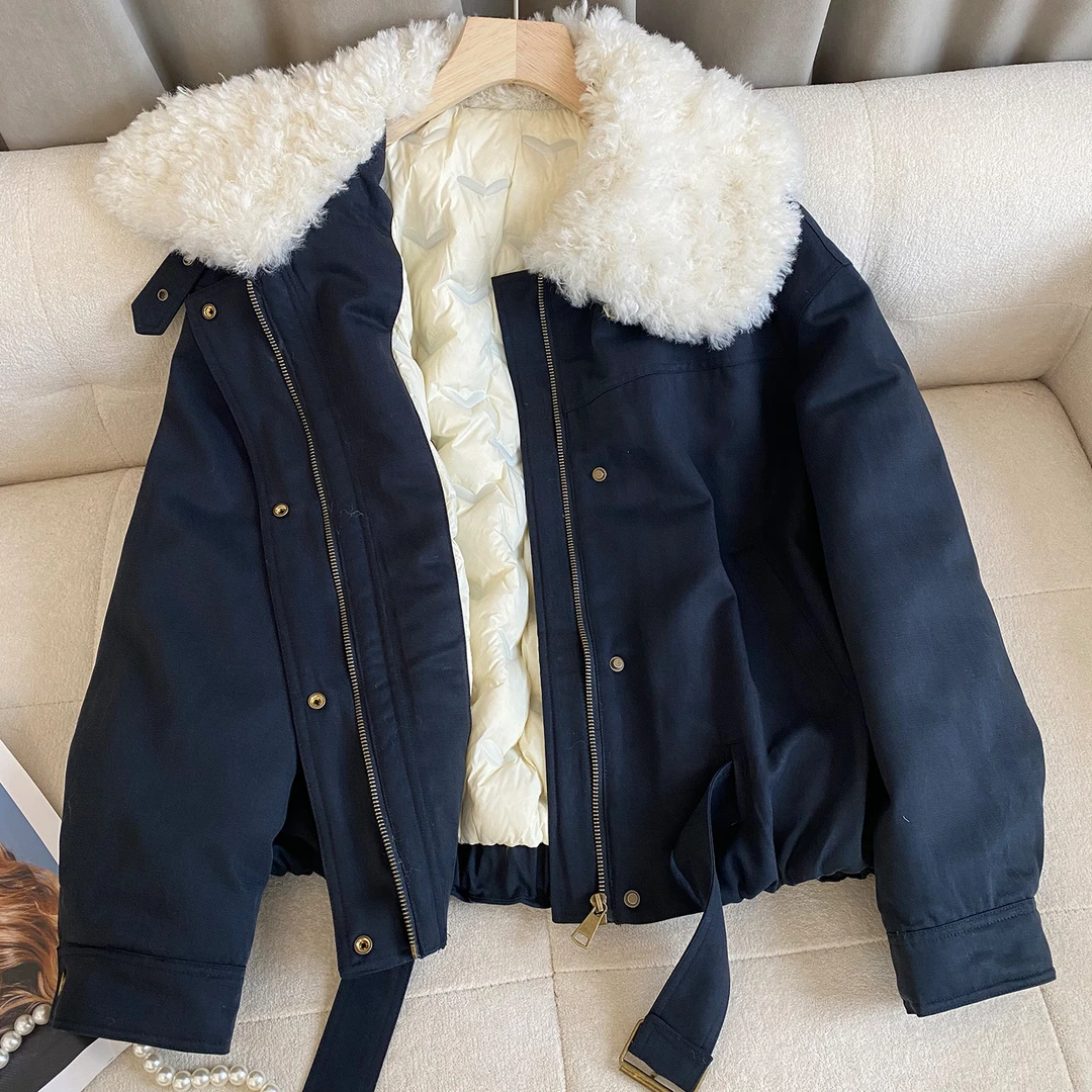 RoseMood仿羊羔毛翻领工装羽绒服女冬季2025新款派克服夹克厚外套