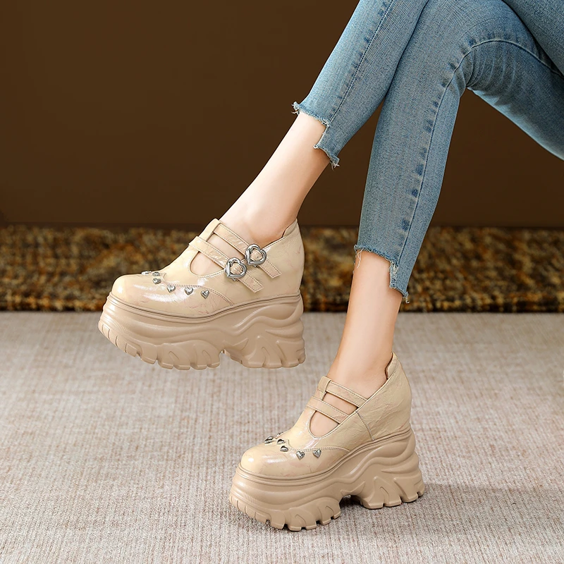 单鞋女坡跟春夏季松糕底女士单鞋高跟增高12公分小皮鞋英伦风女鞋