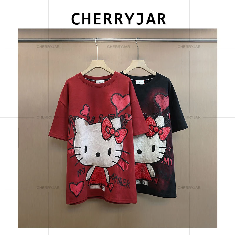 Cherryjar【251162】ins休闲卡通KT猫公主风印花短袖背面爱心印花