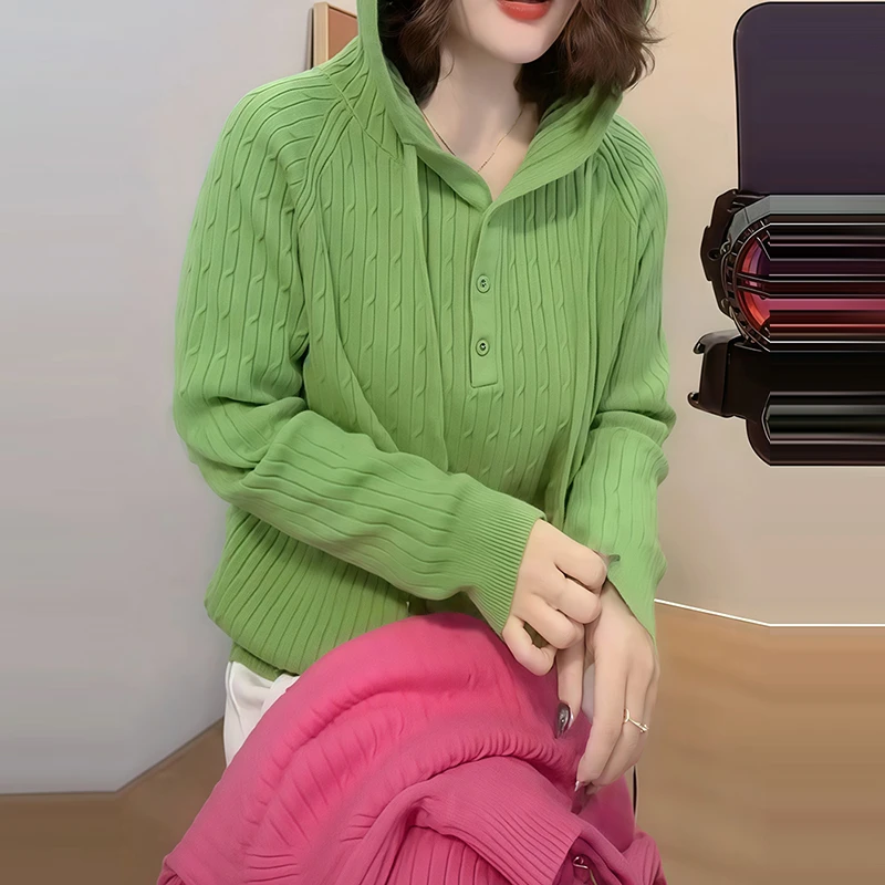 时尚百搭纯色麻花连帽针织毛衣保暖长袖打底休闲减龄宽松慵懒女装