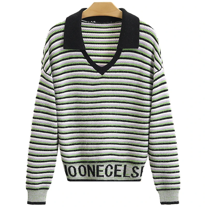 【伍莎-自营】条纹字母宽松方领百搭针织衫#ZHD45M004