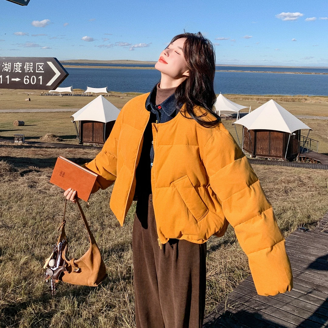 银杏黄撞色轻薄绒羽绒服女冬2025新款韩系小个子冬季白鸭绒外套