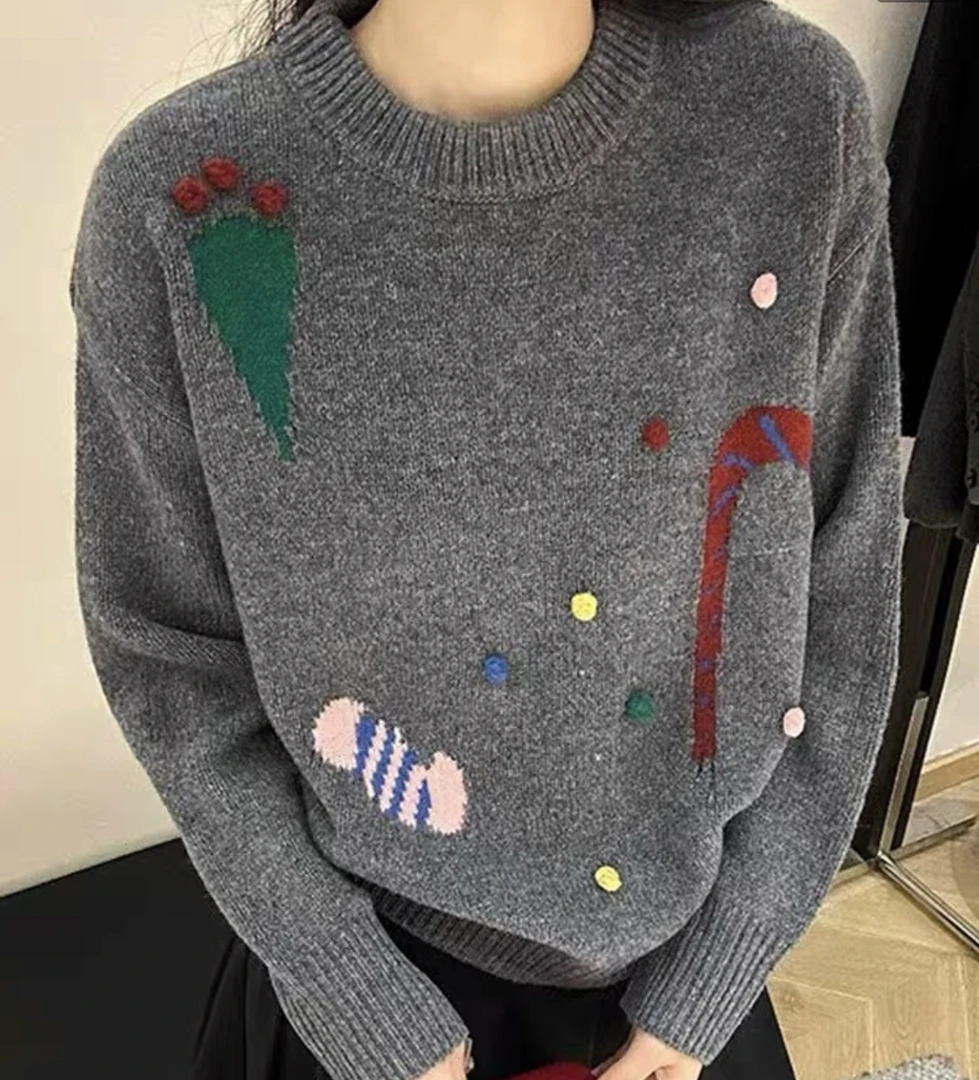 8368#冬季新款洋气圆领套头针织衫软糯休闲减龄卡通毛衣