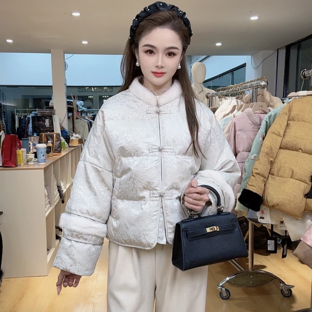 七七专属-中式国风拼接时尚洋气新款盘扣提花保暖外套2427