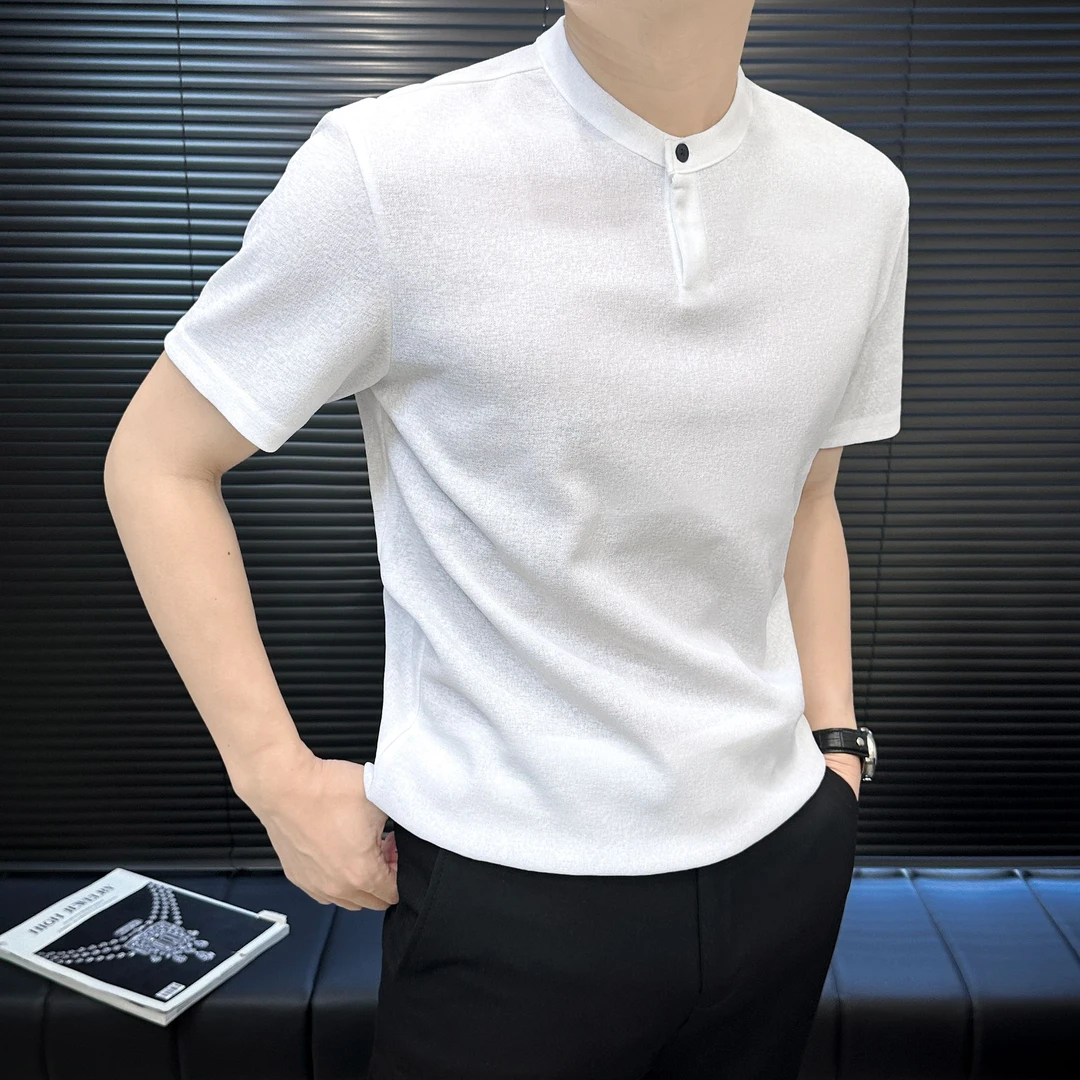 纯色圆领男士短袖t恤男夏季薄款透气一粒扣半袖男款爆款2025新款
