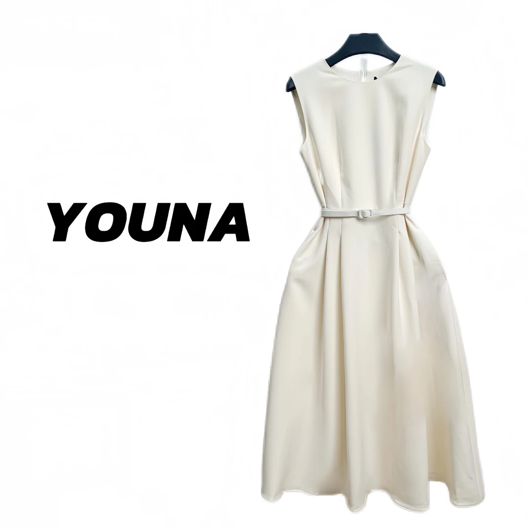 YOUNA杏色显瘦时尚法式简约收腰纯色百搭女款连衣裙