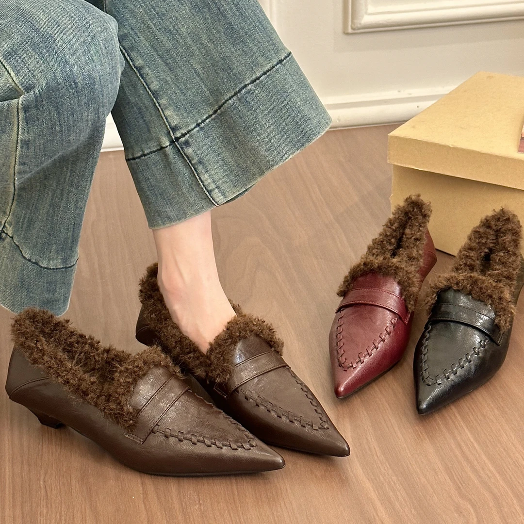 titing老钱美学！气质尖头编织卷毛乐福鞋女冬通勤加绒粗跟单鞋