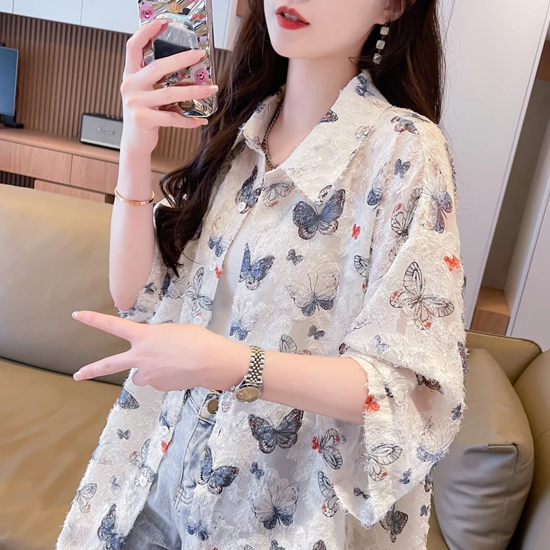 大码女装胖mm蝴蝶薄款短袖衬衫夏季新款韩版宽松百搭慵懒风防晒衣