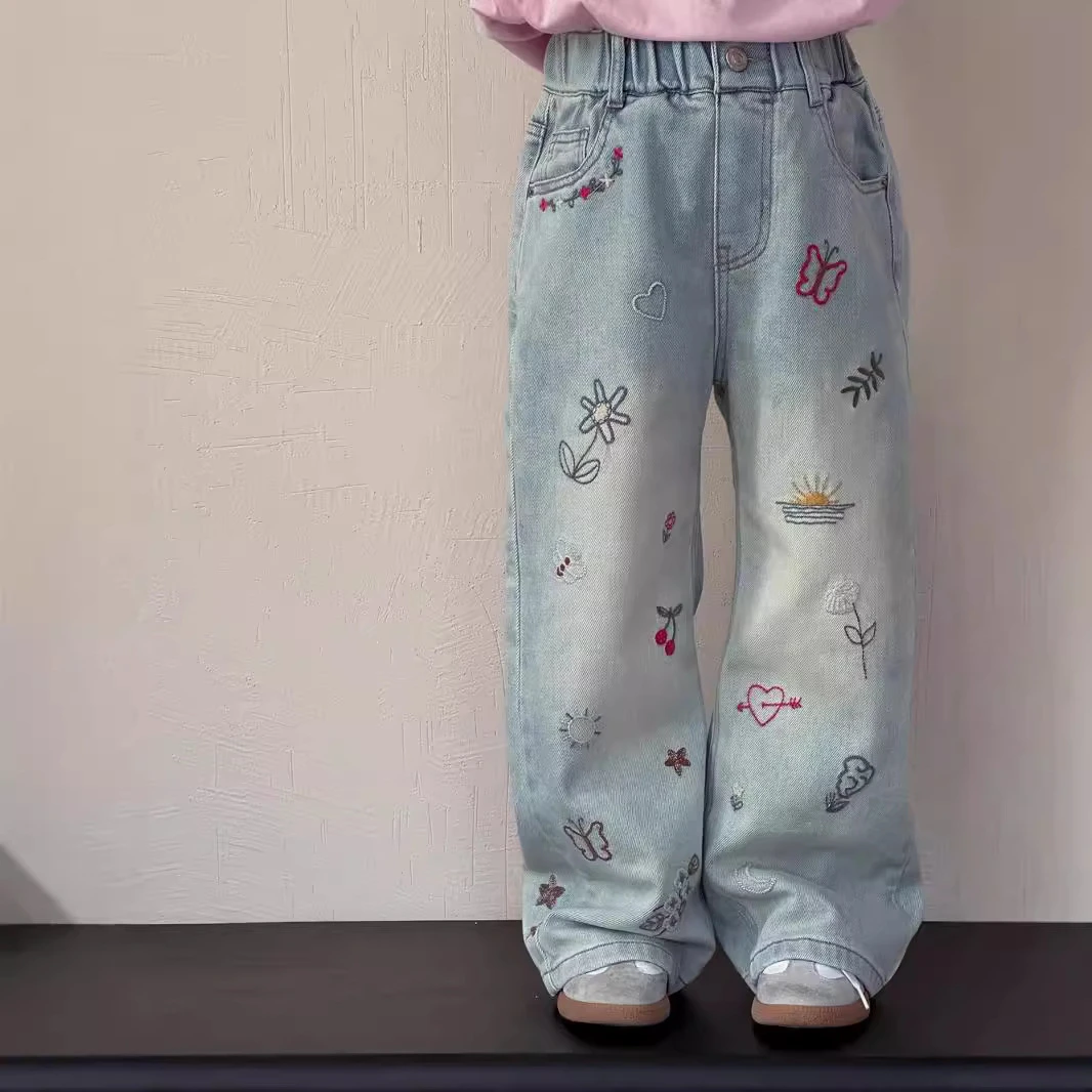 女童牛仔裤秋2024新款中童刺绣外穿直筒裤子秋装儿童阔腿裤L55215