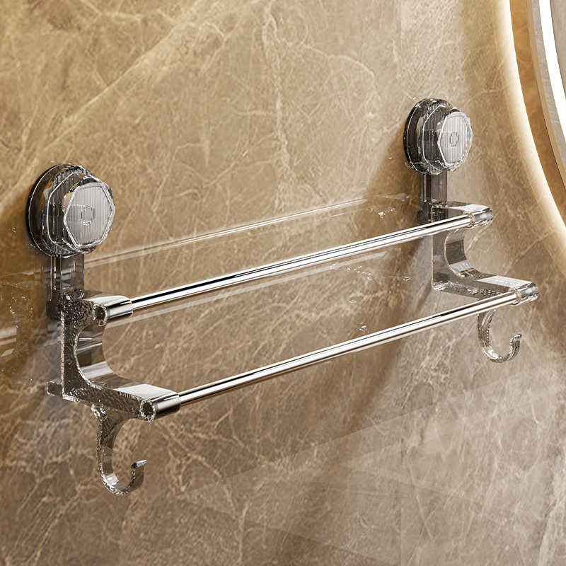 双杆吸盘毛巾架家用浴室毛巾收纳带挂钩干湿毛巾两用轻奢浴室收纳