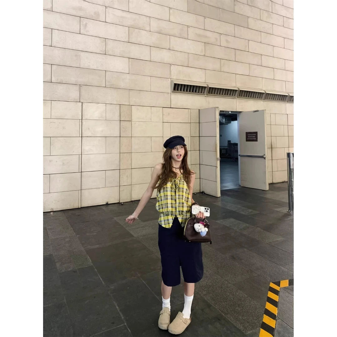 痞帅炸街风女装格纹吊带挂脖背心上衣2025夏季高腰开叉设计半身裙