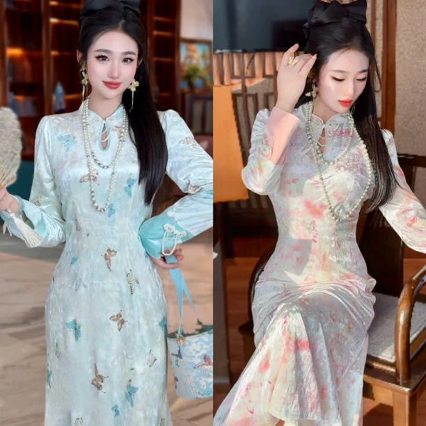 【媛珠 冬日恋蝶】重工新中式丝绒旗袍连衣裙长款收腰蝴蝶印花