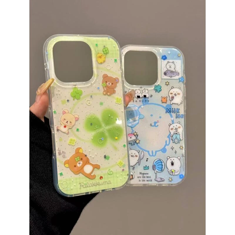 唯美四叶草轻松熊蓝色线条自嘲熊适用iphone16promax苹果15手机壳