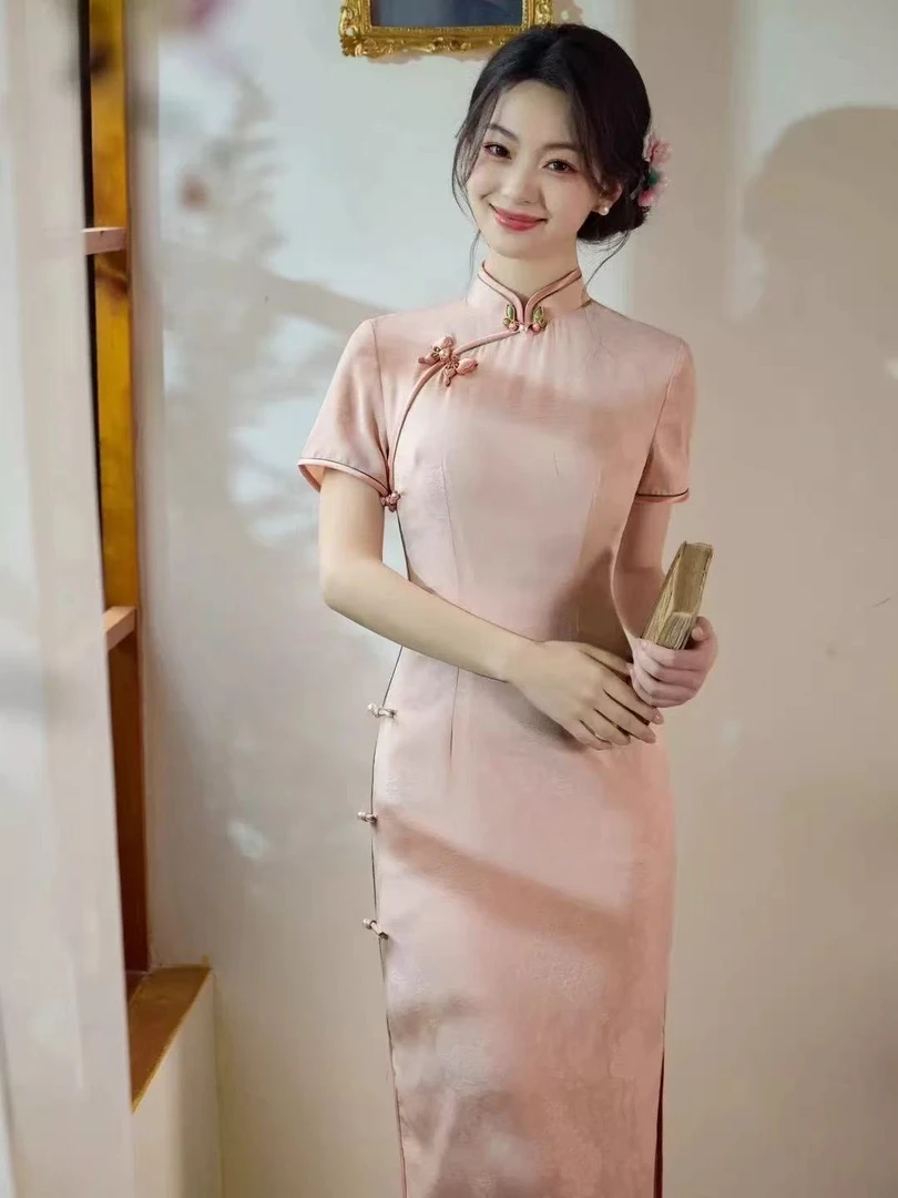SS苏苏新中式粉色手工钉扣苏派款日常国风显瘦连衣裙旗袍