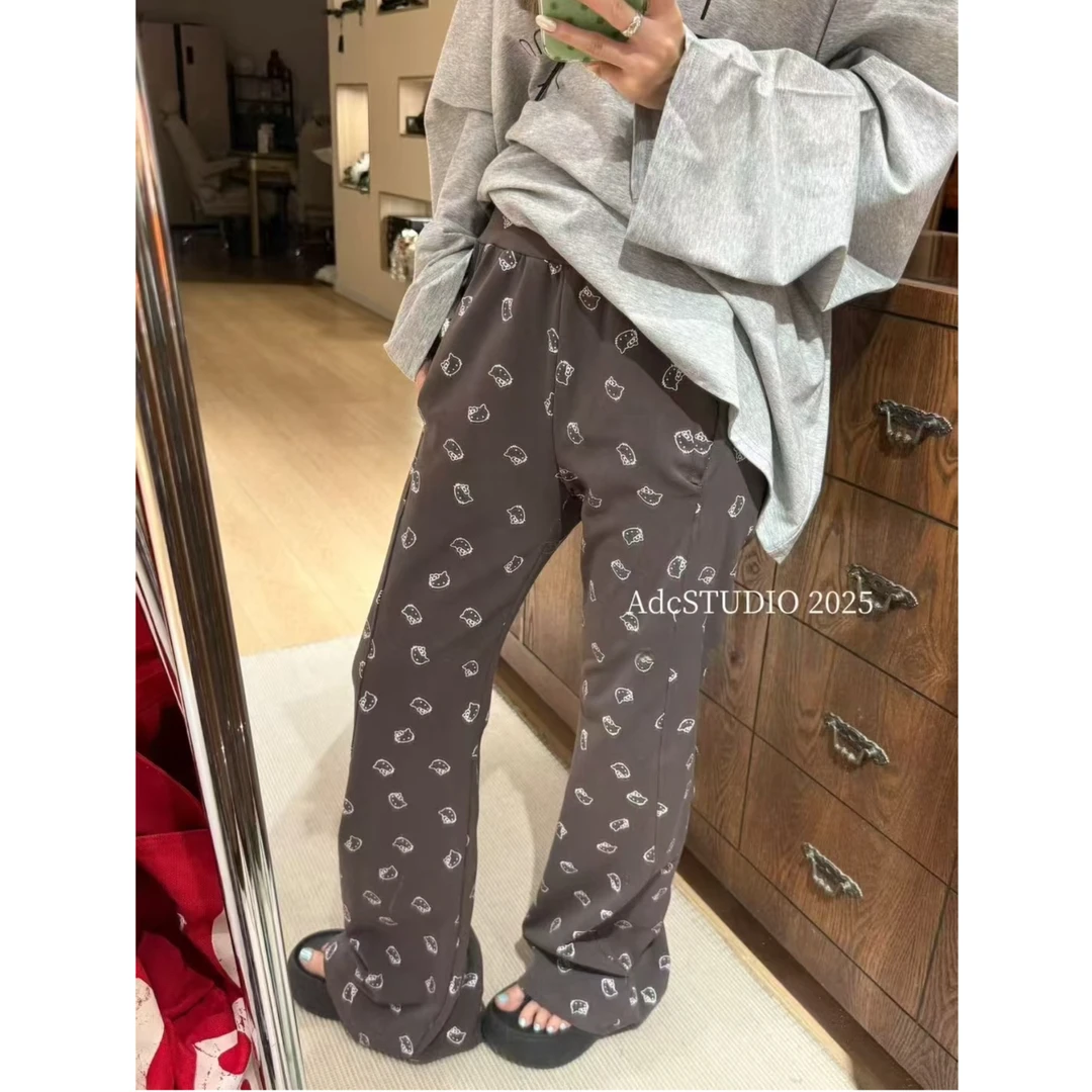 【现货-秋款kt微喇裤】東room秋季新款高腰kt猫印花显瘦微喇裤女