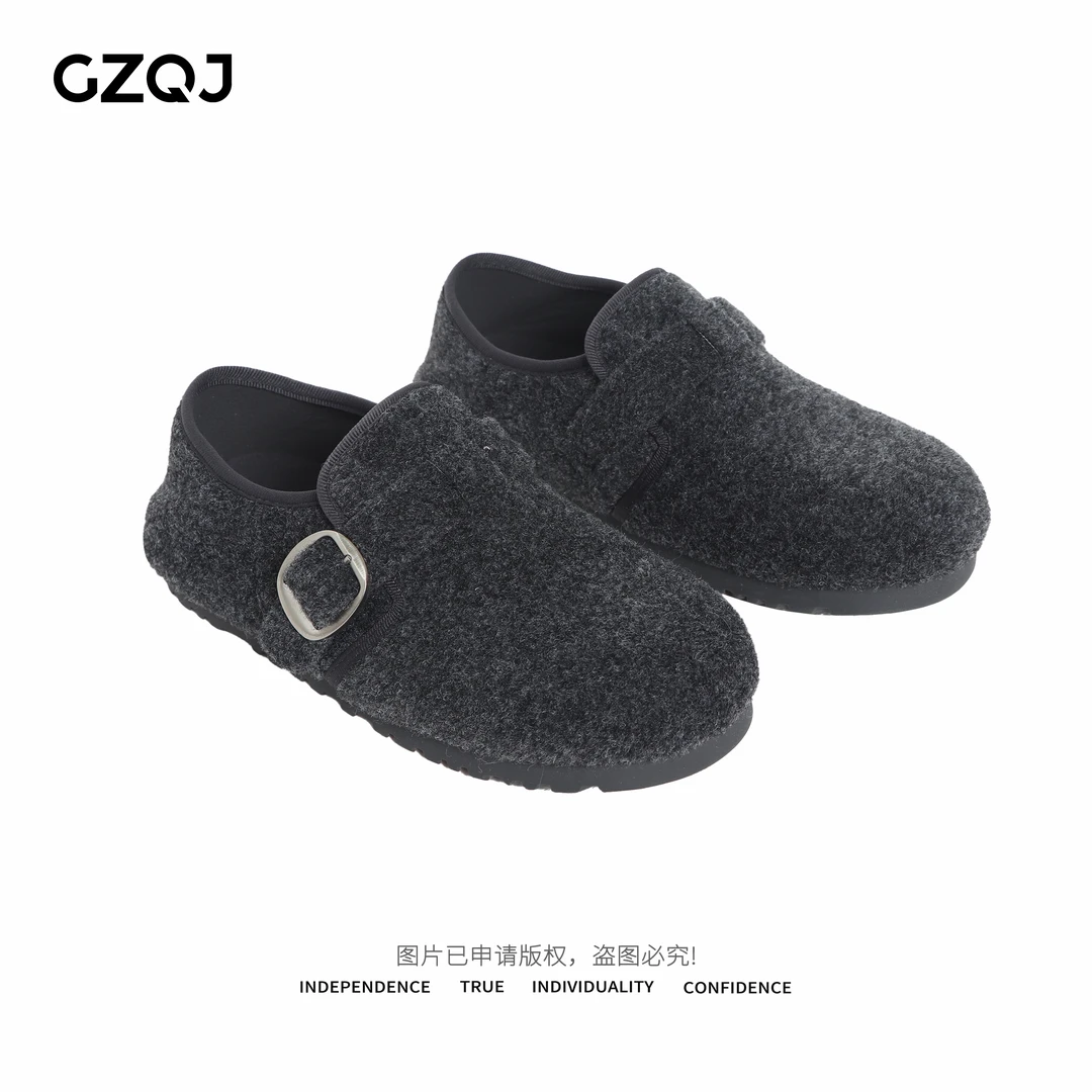 广州琴姐 秋冬季舒适平底勃肯鞋女新款百搭软底毛毛鞋单鞋23002