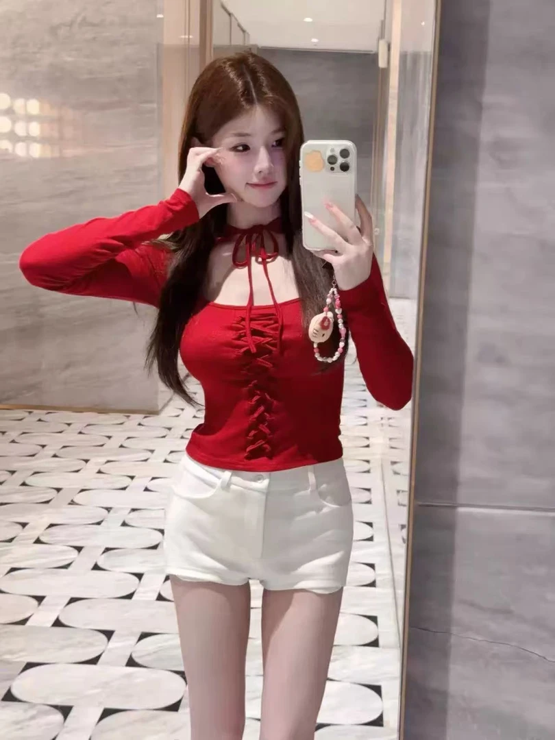 红色长袖T恤女秋冬小众设计感镂空系带打底衫内搭短款上衣女3209