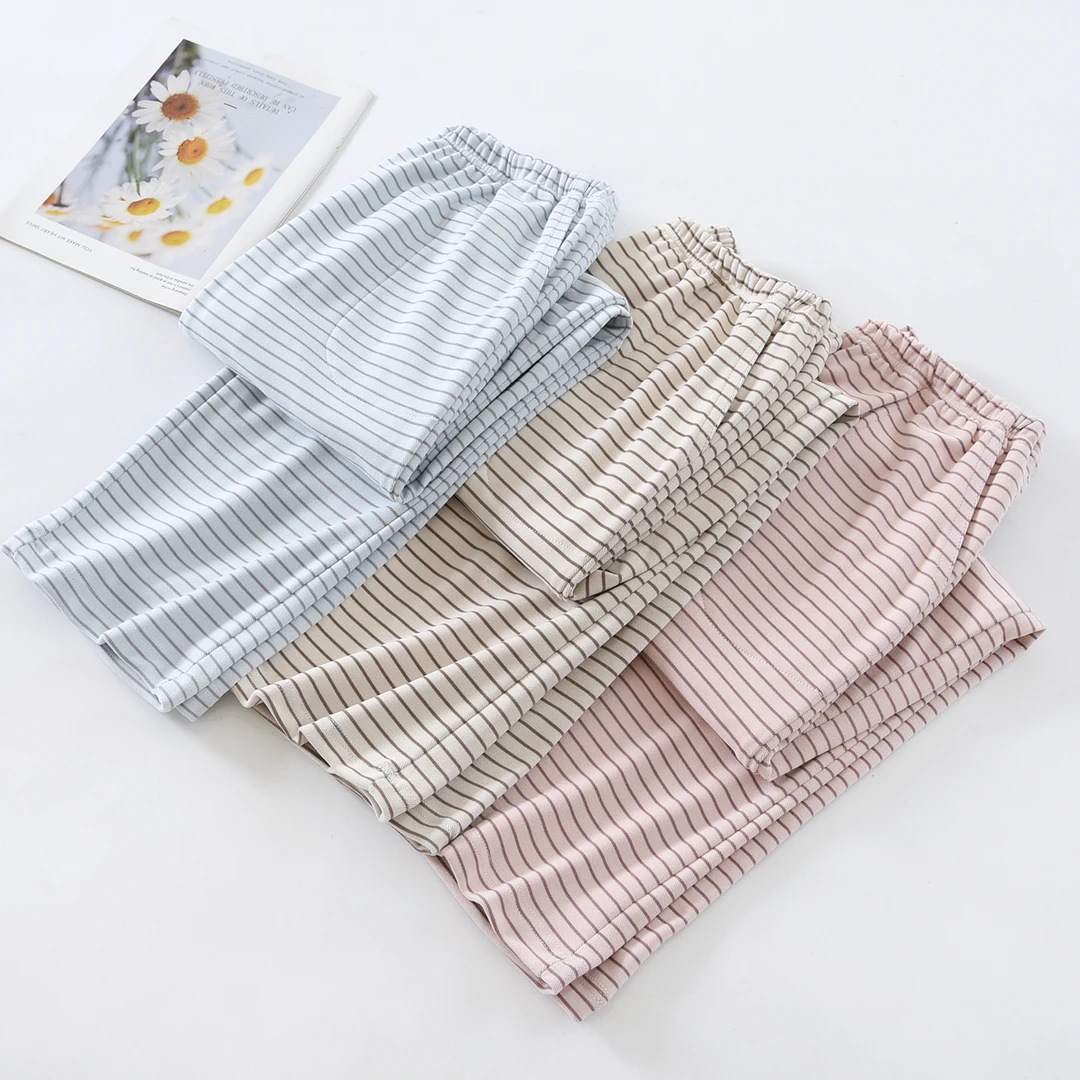 新日系条纹睡裤女秋冬德绒裤子加厚保暖宽松休闲条纹双面绒家居裤