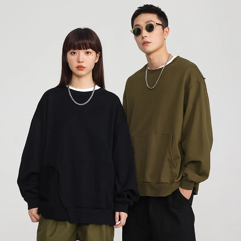 高级感重工洗水拼接剪裁大口袋设计感卫衣春秋款男女复古潮牌长袖