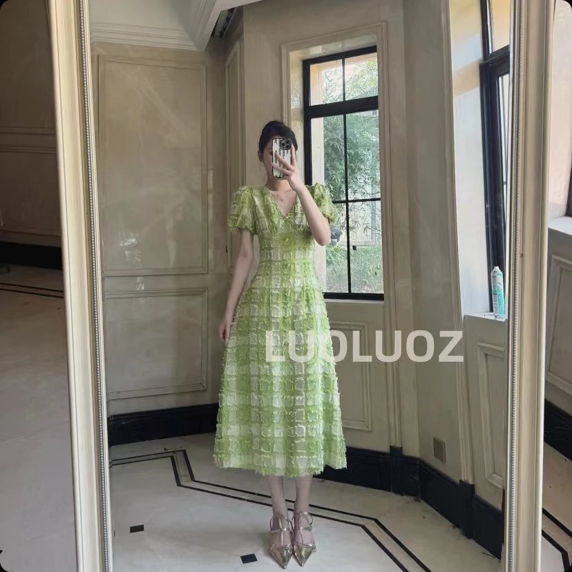 【现货】LUOLUOZ【摩天轮】气质泡泡袖V领时尚长款连衣裙H81830