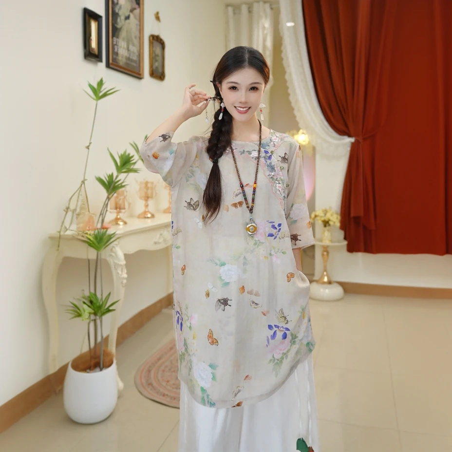 复古苎麻印花刺绣中长款连衣裙女夏新款文艺新中式气质