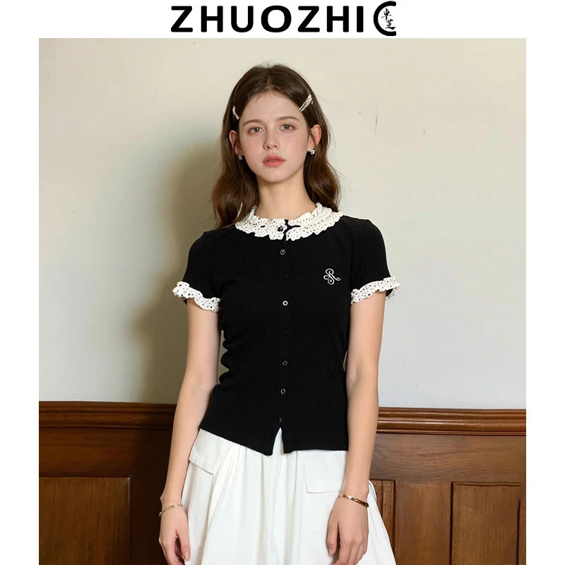 [卓芝]法式设计感波点花边拼接针织T恤2025夏季新款百搭显瘦上衣