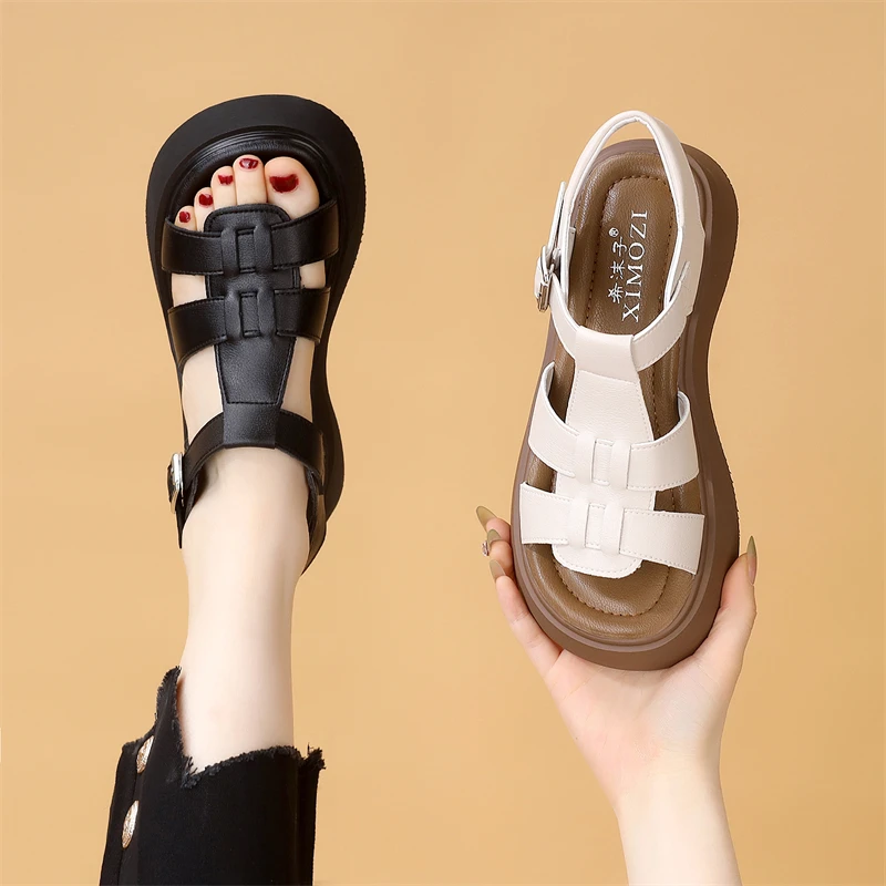 厚底罗马凉鞋女款2025年新款爆款夏季真皮厚底增高超火外穿沙滩鞋