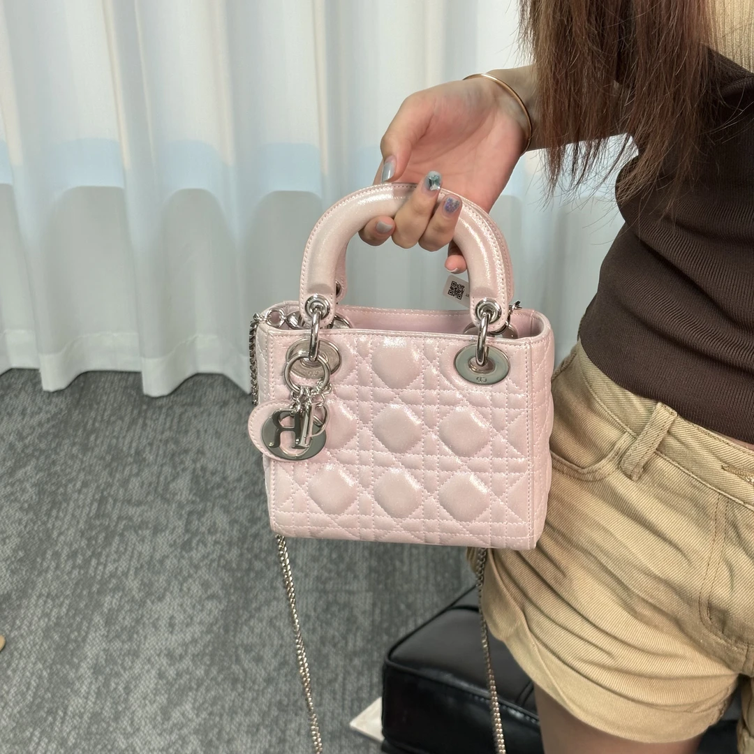 95新 DIOR/迪奥 粉色三格戴妃手提斜挎包