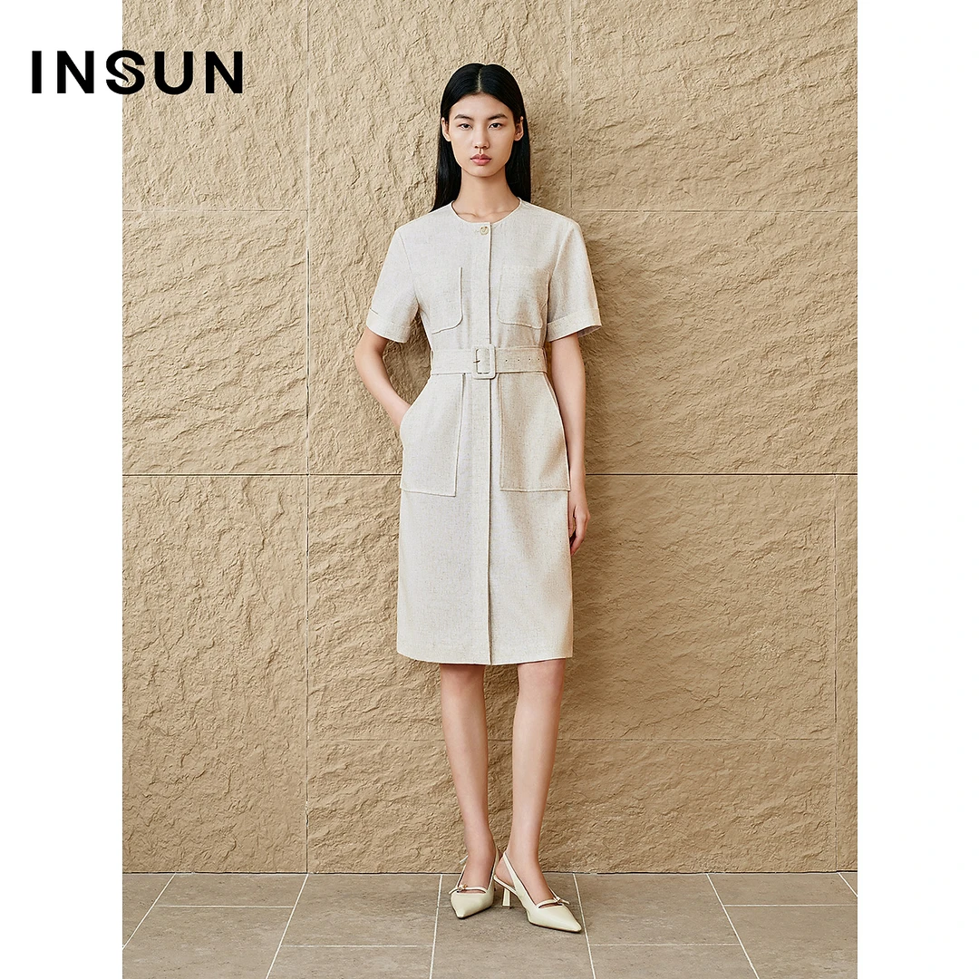 INSUN恩裳专选2025夏季工装风大口袋收腰亚麻连衣裙