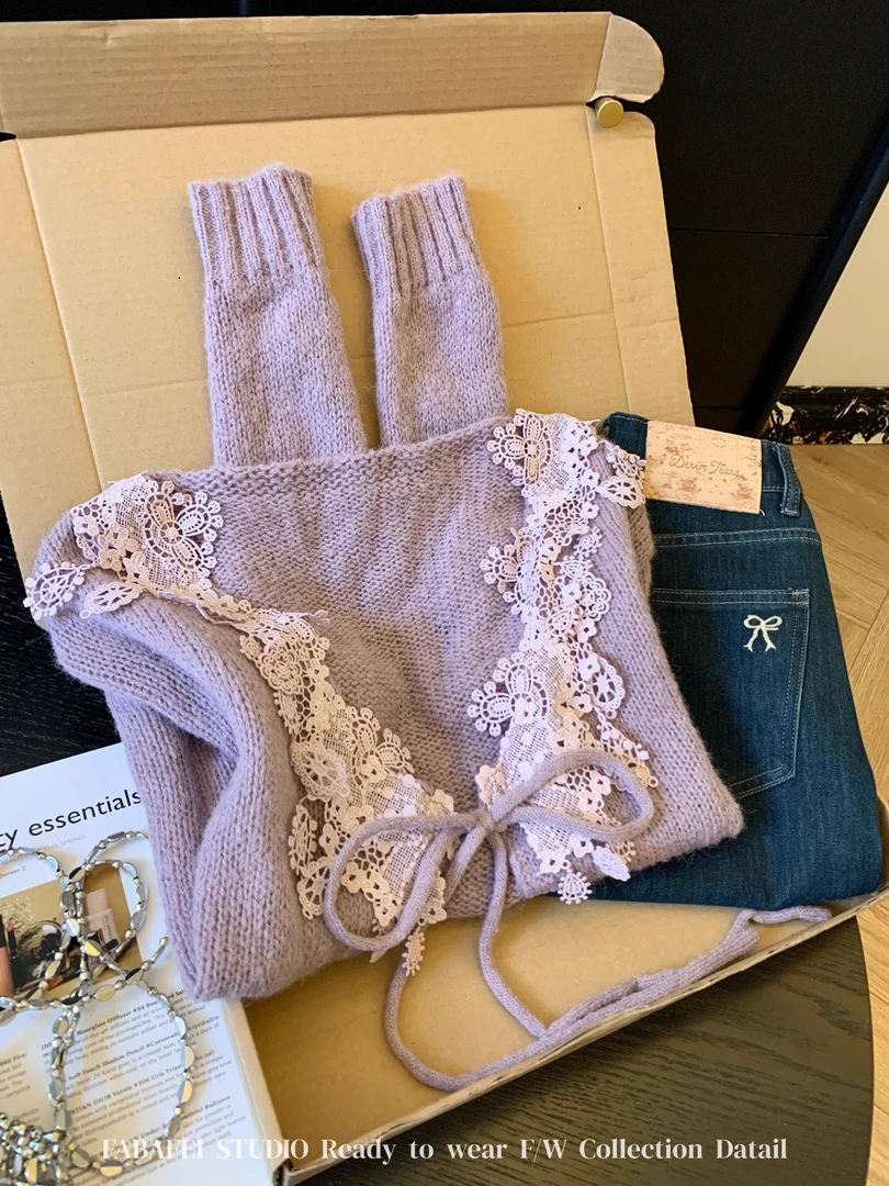 纯欲风蕾丝慵懒风v领针织衫女2025秋冬季系带蝴蝶结毛衣开衫上衣