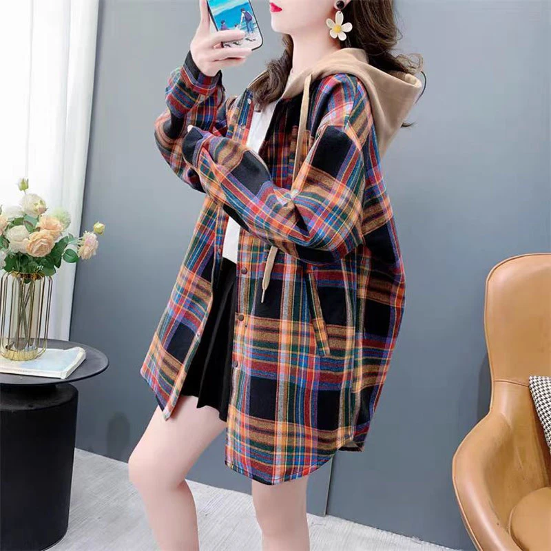连帽格子衬衫外套女2025新款春秋韩版宽松大码女装中长款开衫上衣