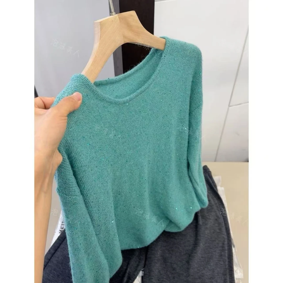 欧货重工亮片果绿色针织衫女春秋新款宽松显瘦慵懒风软糯套头毛衣