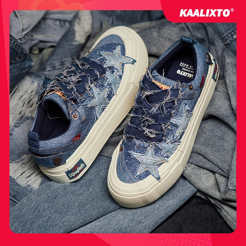 Kaalixto蓝色牛仔帆布鞋厚底增高低帮帆布鞋透气百搭潮流潮鞋时尚