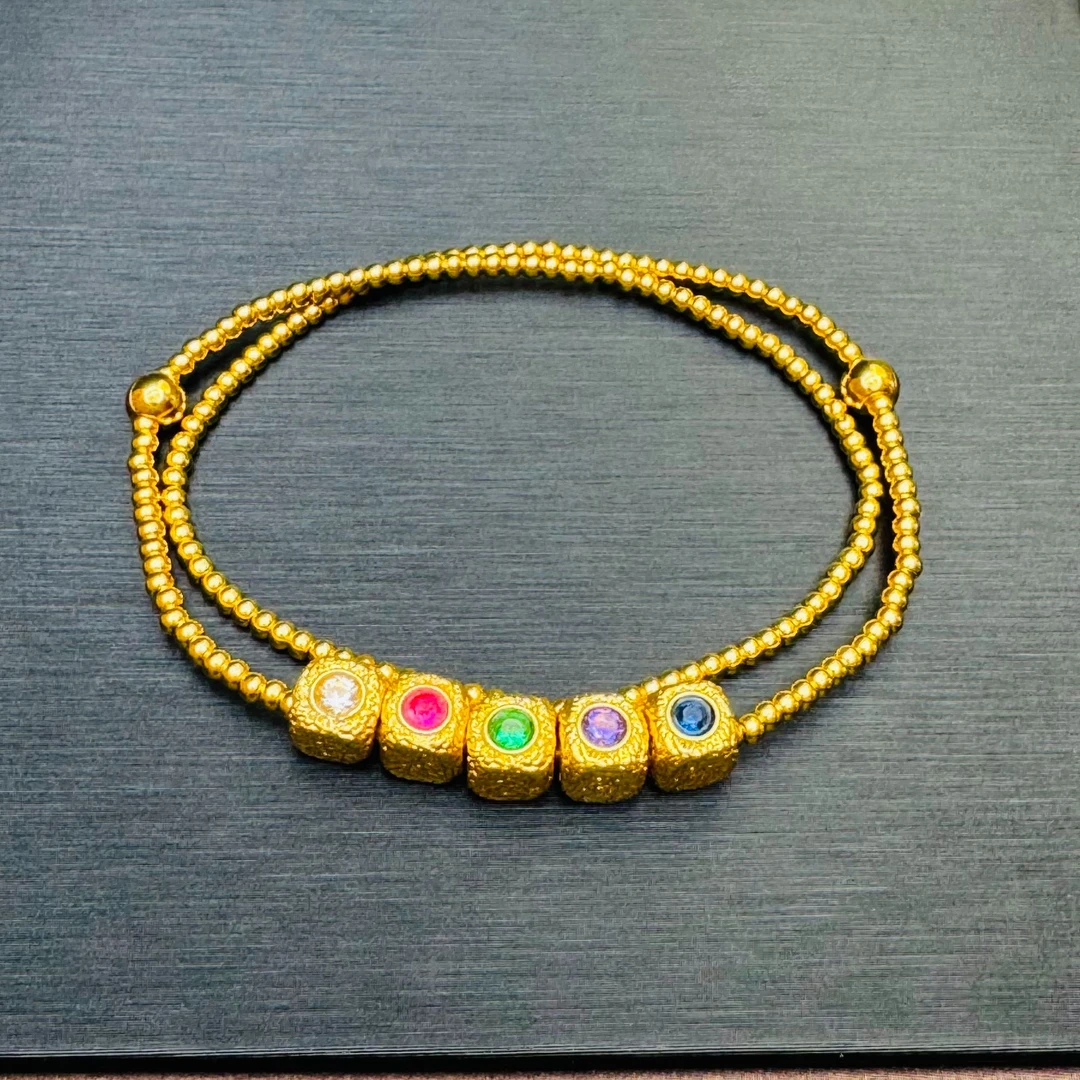 93#足金999双圈叠戴镶嵌方形手串（卡2金珠190颗）