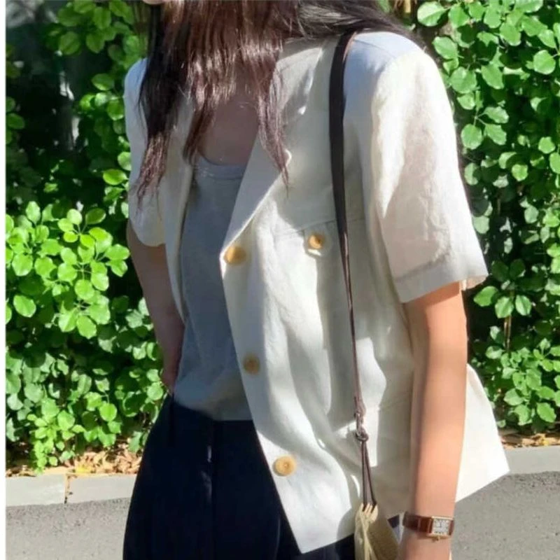 麻料短外套【高端局】S韩代新款0VERTE休闲百搭西服领短袖夹克