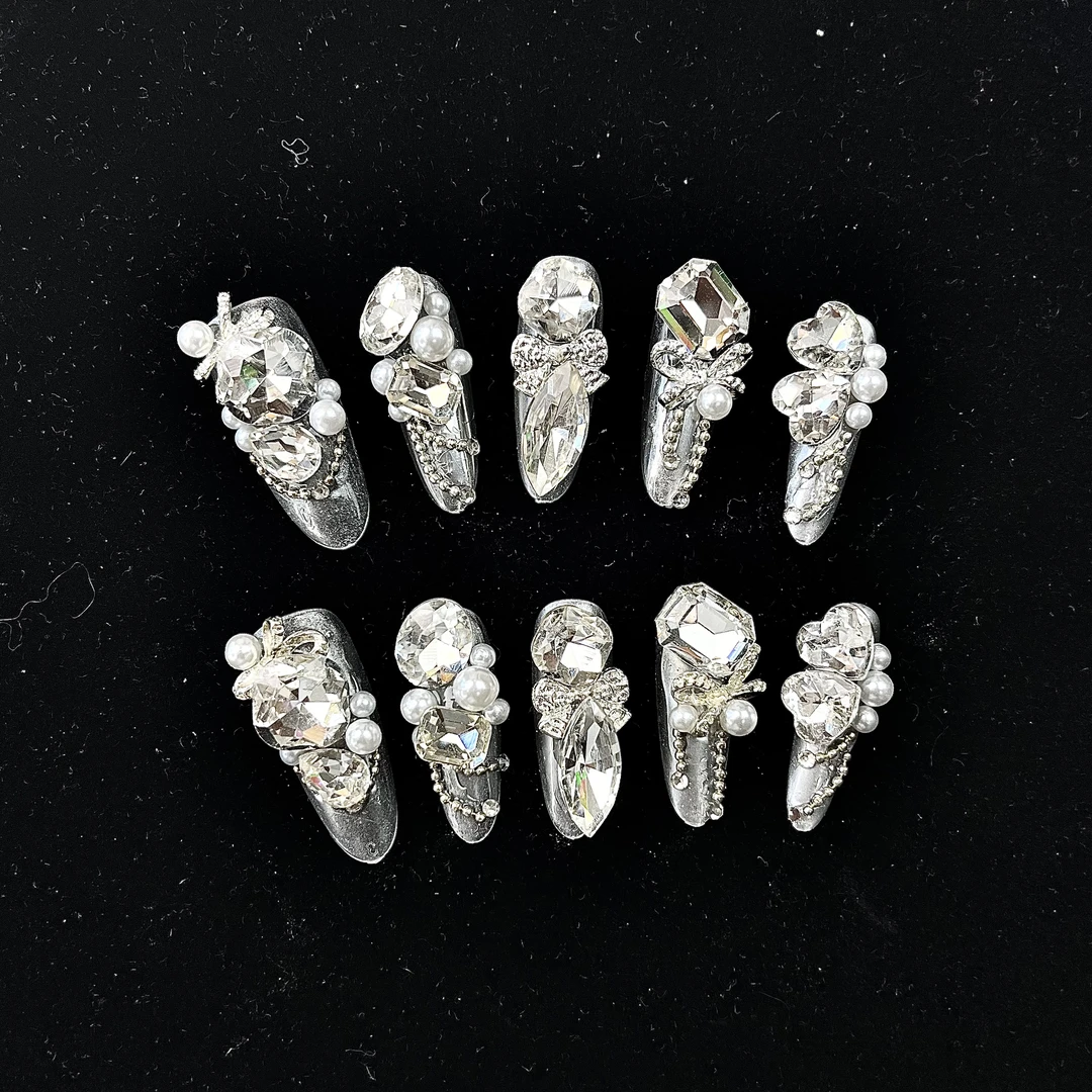 【BAO椭圆银魔镜】3.0椭圆纯手工中长款穿戴甲银色复古爆闪奢华气质