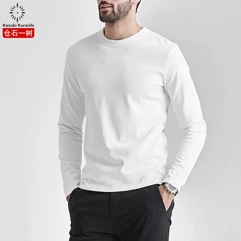 仓石一树潮流纯色圆领长袖T恤男春秋季新款宽松百搭休闲打底上衣