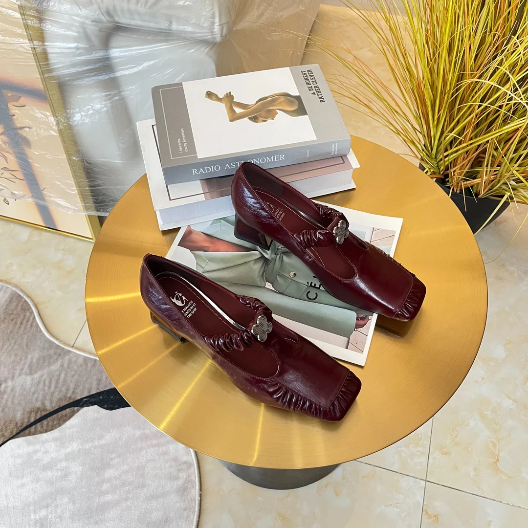 范戈希牛皮跟5cm方头气质单鞋浅口百搭时尚粗跟复古软底买1赠3