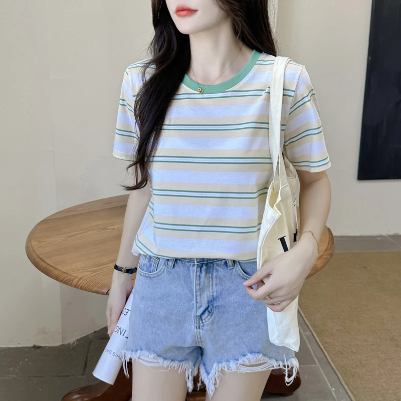 夏季小清新圆领条纹短袖T恤女宽松显瘦女装韩版百搭薄款时尚上衣